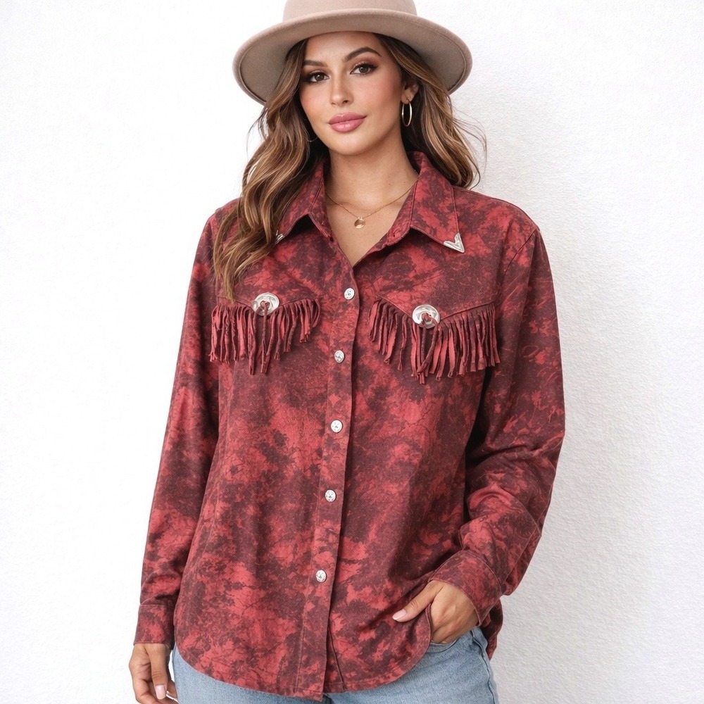 Vtg Ozark Mountain Jean Company Western Red Tie Dye Fringed‎ Shirt Women's XL